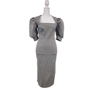 TOPSHOP Womens Size 2 Petite Black White Gingham Sq Neck Puff Sleeve‎ Midi Dress